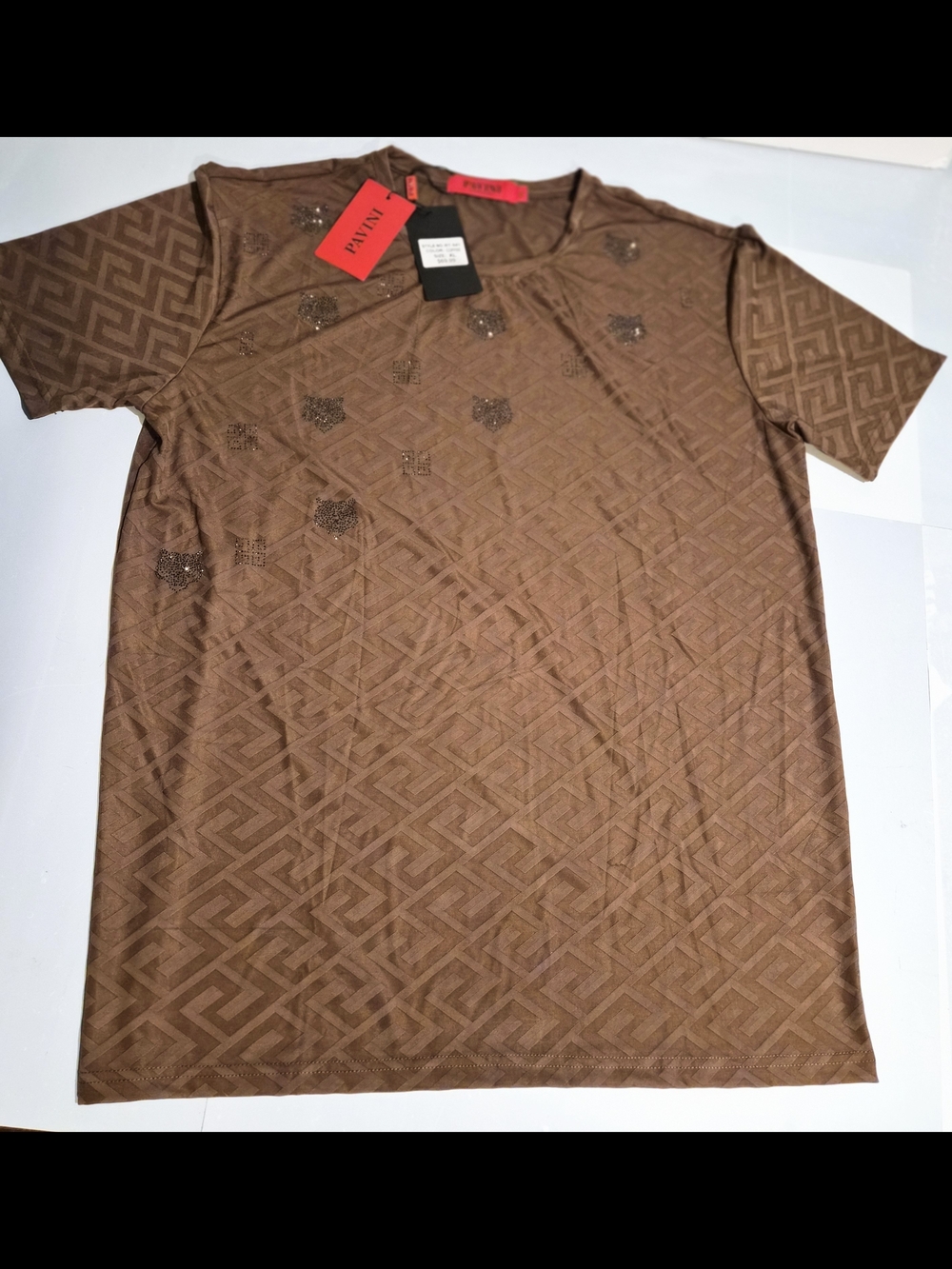NWT Pavini by Rocco Ravalli Men’s Geometric Rhinestone Streetwear Tee XL  Coffee